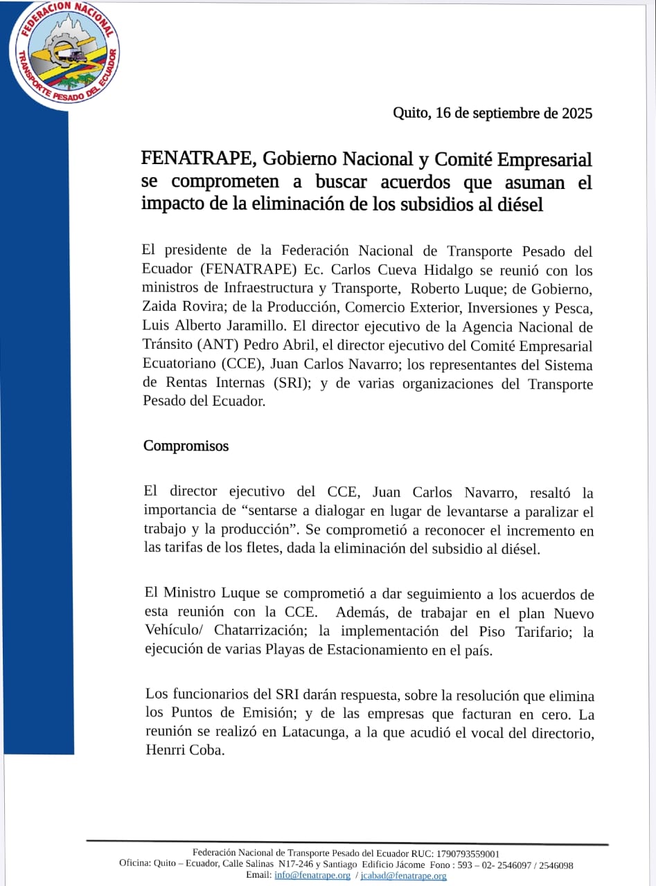 FENATRAPE, Gobierno Nacional y Comite Empresarial se comprometen a buscar acuerdos que asuman el impacto de la eliminacion de los subsidios al diesel 