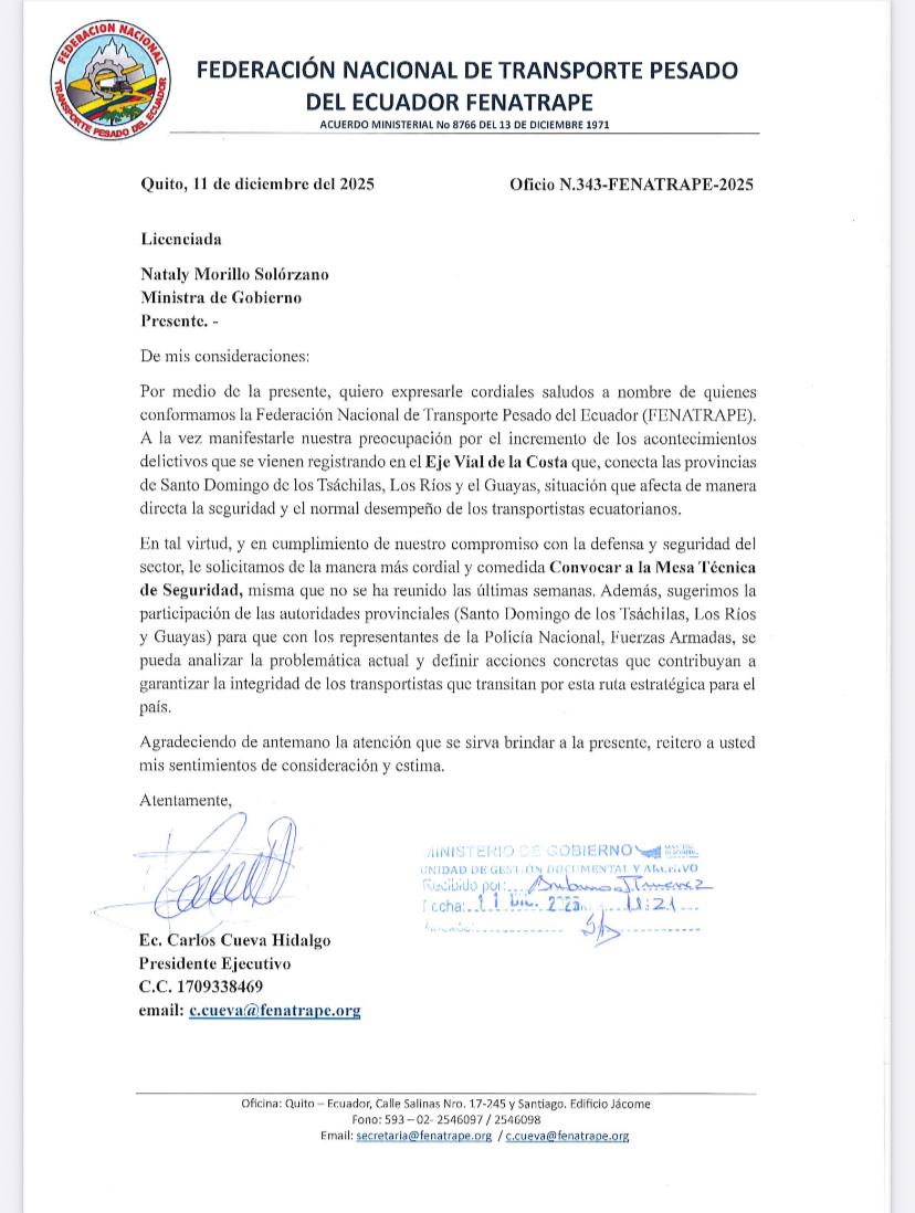 FENATRAPE solicita a Ministra de Gobierno, convocar a la Mesa Tecnica de Seguridad, dado el incremento de robos al Transporte Pesado